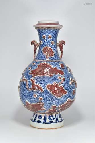 Generation heap carvings in blue and white glaze red fish pl...