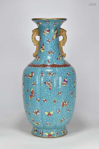 Qing Dynasty Yongzheng enamel gilt vase with two ears with m...