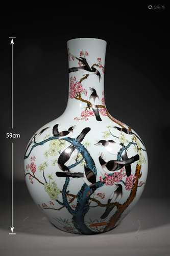 A QING DYNASTY FAMILLE ROSE MAGPIE ASCENDS PLUM GLOBULAR SHA...