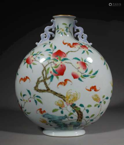 A QING DYNASTY FAMILLE ROSE FORTUNE AND LONGEVITY FLAT BOTTL...