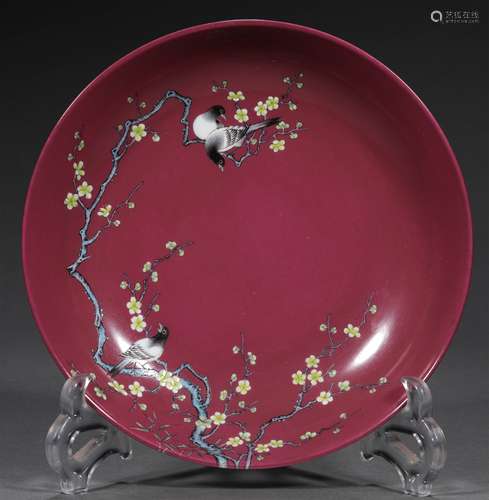 A QING DYNASTY CARMINE RED THE MAGPIE ASCENDS THE PLUM ORNAM...