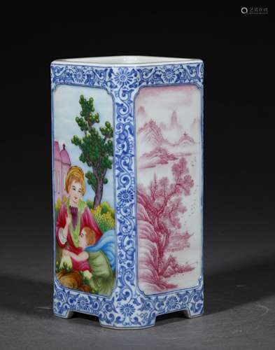 A QING DYNASTY PAINT COLOR WEST FIGURE BRUSH POT