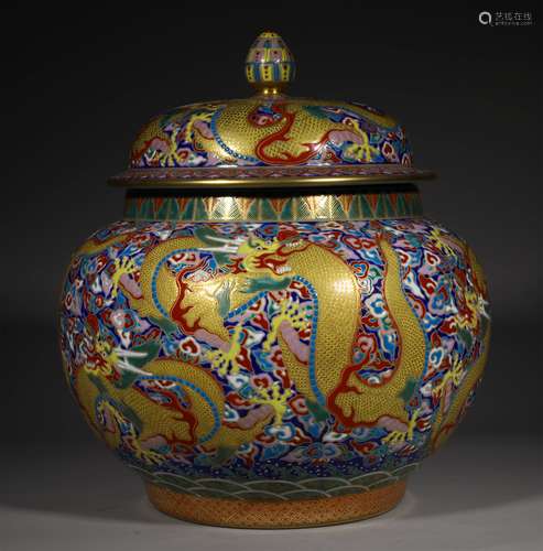 A QING DYNASTY ENAMEL GOLD DRAWING DRAGON GRAIN JAR