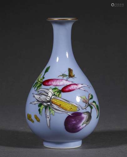 A QING DYNASTY BLUE GLAZE ENAMEL VEGETABLES YUHU SPRING