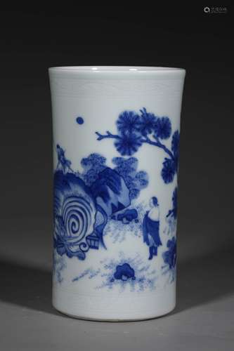 A MING DYNASTY BLUE AND WHITE FIGURE BRUSH POT