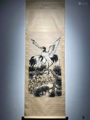 Xu Beihong Inscription, Crane and Pine Paper Painting