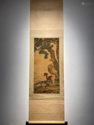 Qing Dynasty, Lang Shining Inscription, Horse, Vertical Silk...