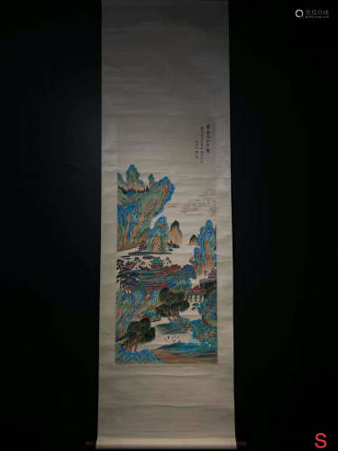 Wu Hufan Inscription, Landscape, Vertical Paper Painting