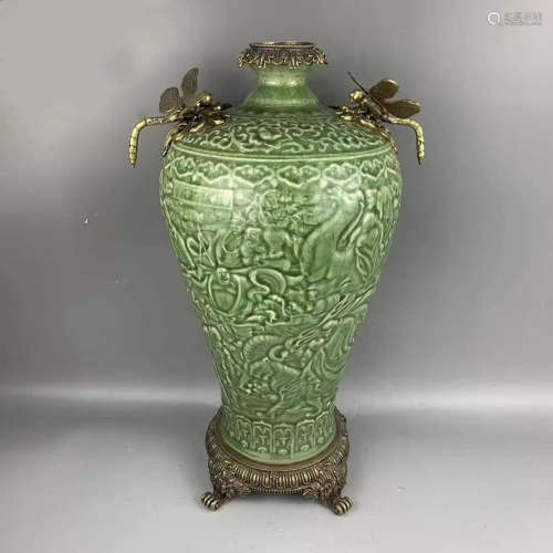 Coper Green Glaze With Embossment Pattern Porcelain Vase