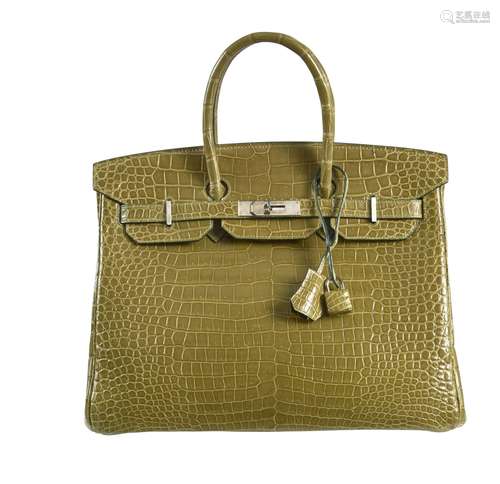 HERMÈS2011Sac BIRKIN 35Crocodile d'estuaire lisse vert (Croc...