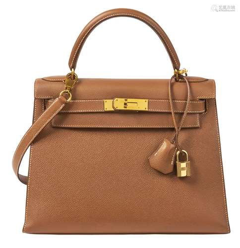 HERMÈS1994Sac KELLY Sellier 28Veau Epsom goldPiqué sellier b...