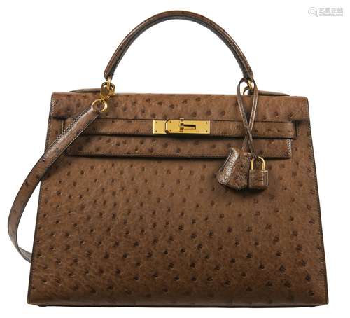 HERMÈS1992Sac KELLY Sellier 32Autruche marron (Struthio came...