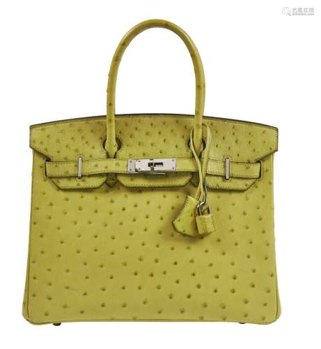 HERMÈS2005Sac BIRKIN 30Autruche Vert Anis (Struthio camelus)...