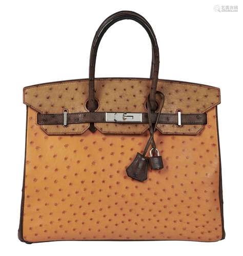 HERMÈS2007Sac BIRKIN 35Autruche marron, ocre et taupe (Strut...