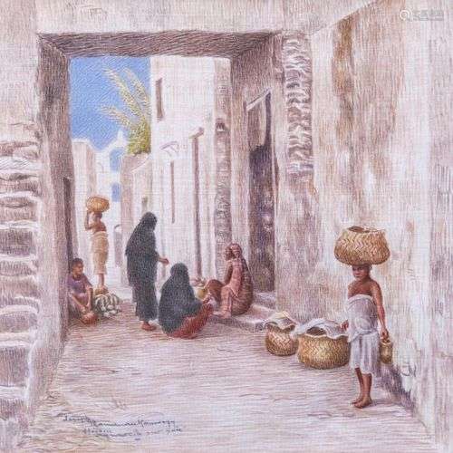 Joseph RAMAMANKAMONGJY (1898-1984) Ruelle animée à Moroni Aq...