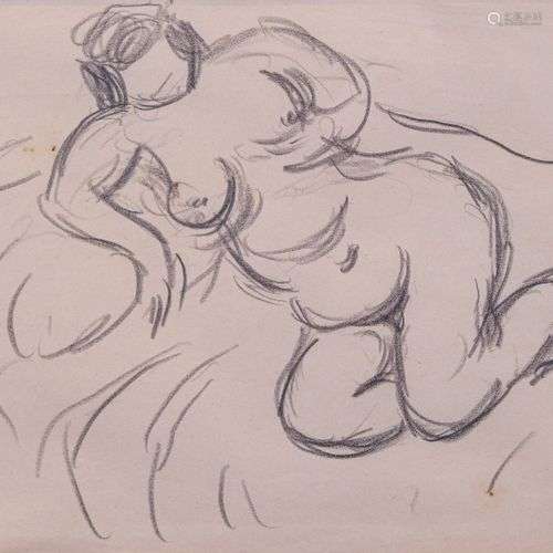 René SEYSSAUD (1867-1952) Femme nue, sur le divan Fusain 26 ...