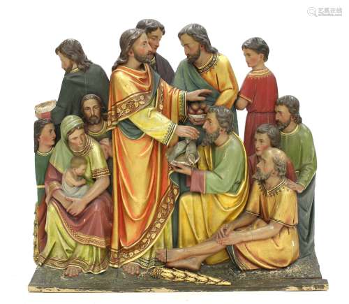 Een polychroom beschilderd houten beeldengroep van Jezus en ...