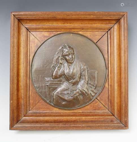 Een bronzen plaquette in houten lijst, Fondeur Petermann Bru...