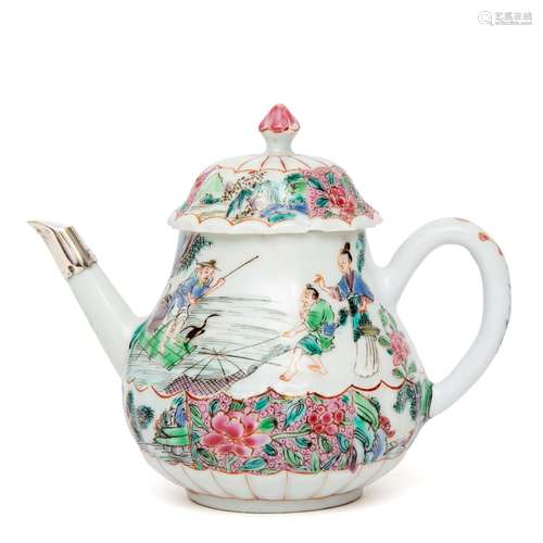 A famille rose teapot with figures