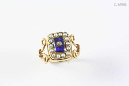 A GEORGIAN ENAMEL, DIAMOND AND PEARL SET RING the royal blue...