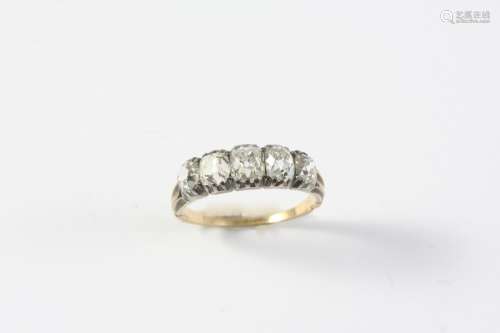 A VICTORIAN DIAMOND FIVE STONE RING mounted with five cushio...