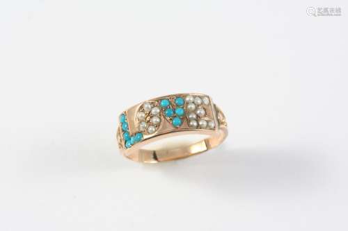 A TURQUOISE AND HALF PEARL 'LOVE' RING mounted with half pea...