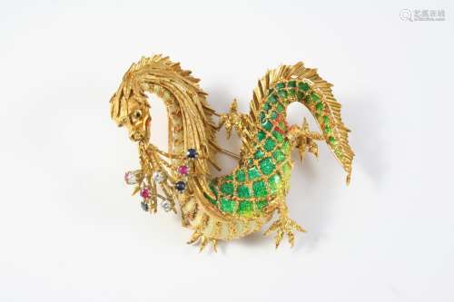 AN 18CT GOLD, ENAMEL AND GEM SET DRAGON BROOCH mounted with ...