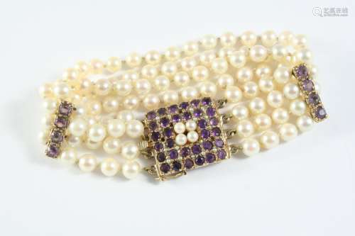 A FOUR ROW UNIFORM CULTURED PEARL AND AMETHYST BRACELET the ...