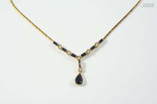A SAPPHIRE AND DIAMOND NECKLACE the gold chain necklace is m...