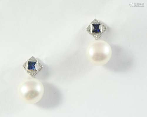 A PAIR OF CULTURED PEARL, SAPPHIRE AND DIAMOND EARRINGS each...