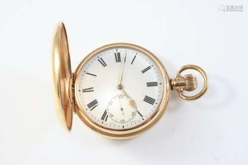 A 9CT GOLD HALF HUNTING CASED POCKET WATCH the white enamel ...