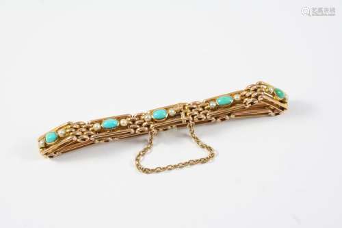 A 15CT GOLD, TURQUOISE AND PEARL SET GATE LINK BRACELET moun...