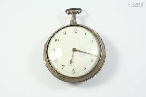 A SILVER PAIR CASED VERGE POCKET WATCH the white enamel dial...