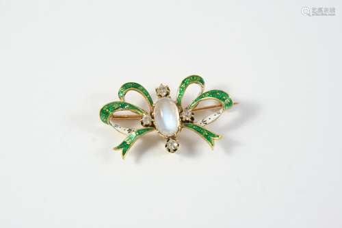 A MOONSTONE, DIAMOND AND ENAMEL BROOCH the oval cabochon moo...