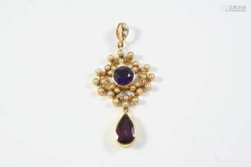AN EARLY 20TH CENTURY AMETHYST AND PEARL SET PENDANT the cir...