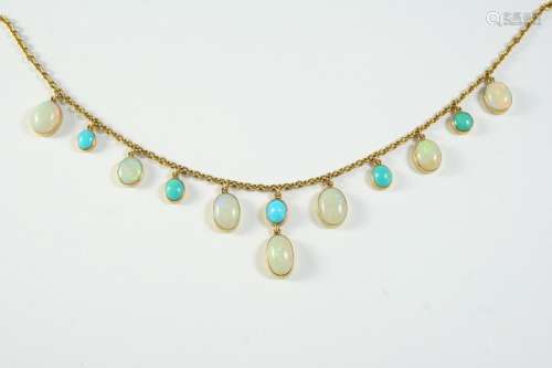 AN OPAL AND TURQUOISE DROP NECKLACE the 9ct gold oval link c...
