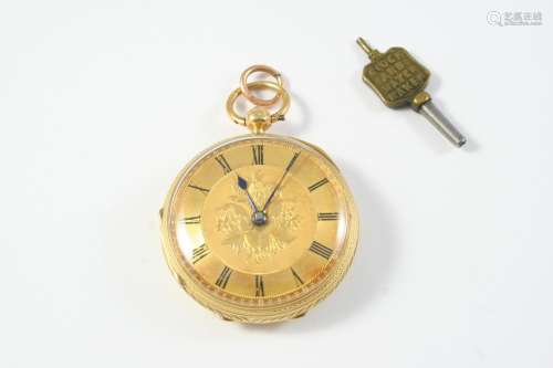 AN 18CT GOLD OPEN FACED POCKET WATCH the gold coloured folia...