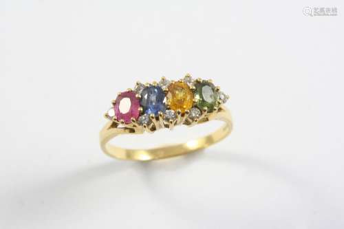 A MULIT COLOURED SAPPHIRE AND DIAMOND RING set with pink, ye...
