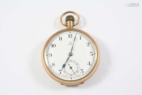 A 9CT GOLD OPEN FACED POCKET WATCH BY OMEGA the signed white...