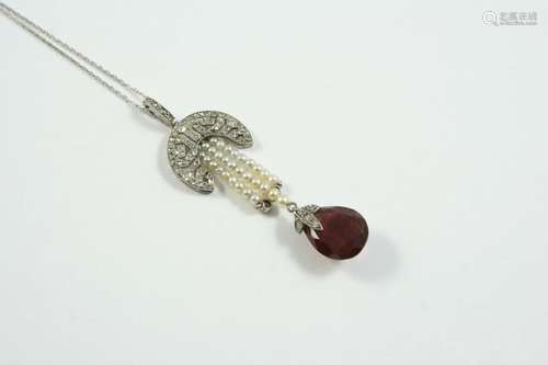 A BELLE EPOQUE GARNET AND DIAMOND PENDANT the rose-cut diamo...