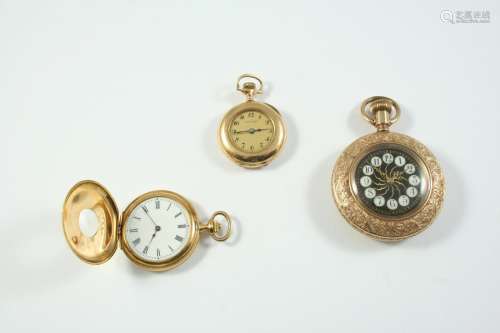 TWO MINIATURE GOLD POCKET WATCHES one open cased with dial s...