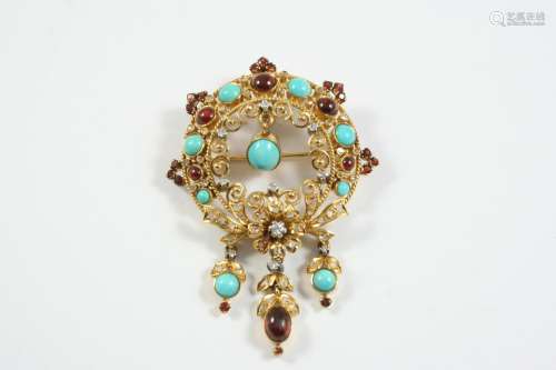 A GOLD, GARNET, TURQUOISE AND DIAMOND BROOCH PENDANT the 18c...