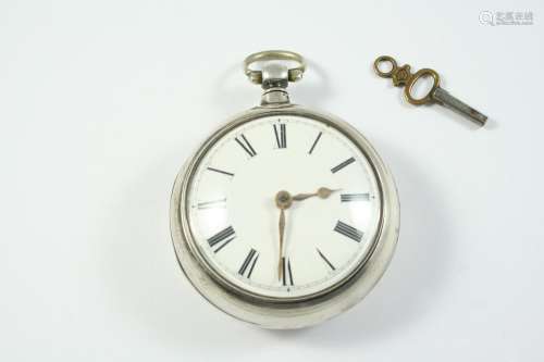 A SILVER PAIR CASED VERGE FUSEE POCKET WATCH the white ename...