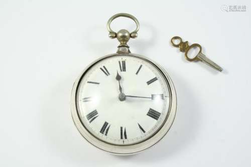 A SILVER PAIR CASED VERGE POCKET WATCH the white enamel dial...