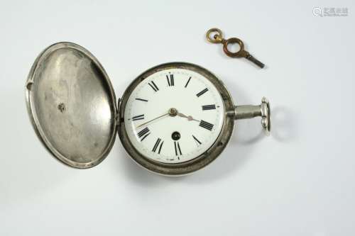 A SILVER FULL HUNTING CASED VERGE POCKET WATCH the white ena...