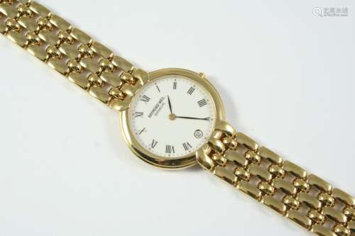 A GOLD PLATED WRISTWATCH BY RAYMOND WEIL the signed white ci...
