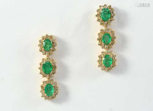 A PAIR OF EMERALD AND DIAMOND DROP EARRINGS each earring for...