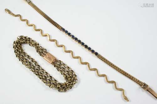 A SAPPHIRE AND GOLD BRACELET the 9ct gold herringbone link b...