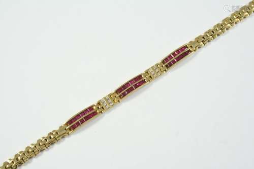 A RUBY, DIAMOND AND GOLD BRACELET mounted with calibre-cut r...