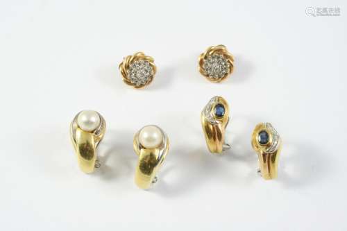 A PAIR OF SAPPHIRE, DIAMOND AND 18CT GOLD EARRINGS each earr...